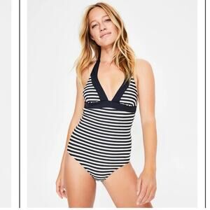 Boden Formentera Halter striped One Piece Swimsuit Navy Blue White Size US 2